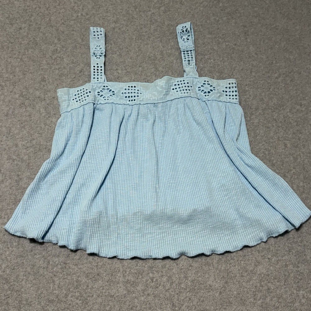 Rewind Babydoll Flowy Tank Top Adjustable Straps Eyelet Trim Light Blue Sz XS